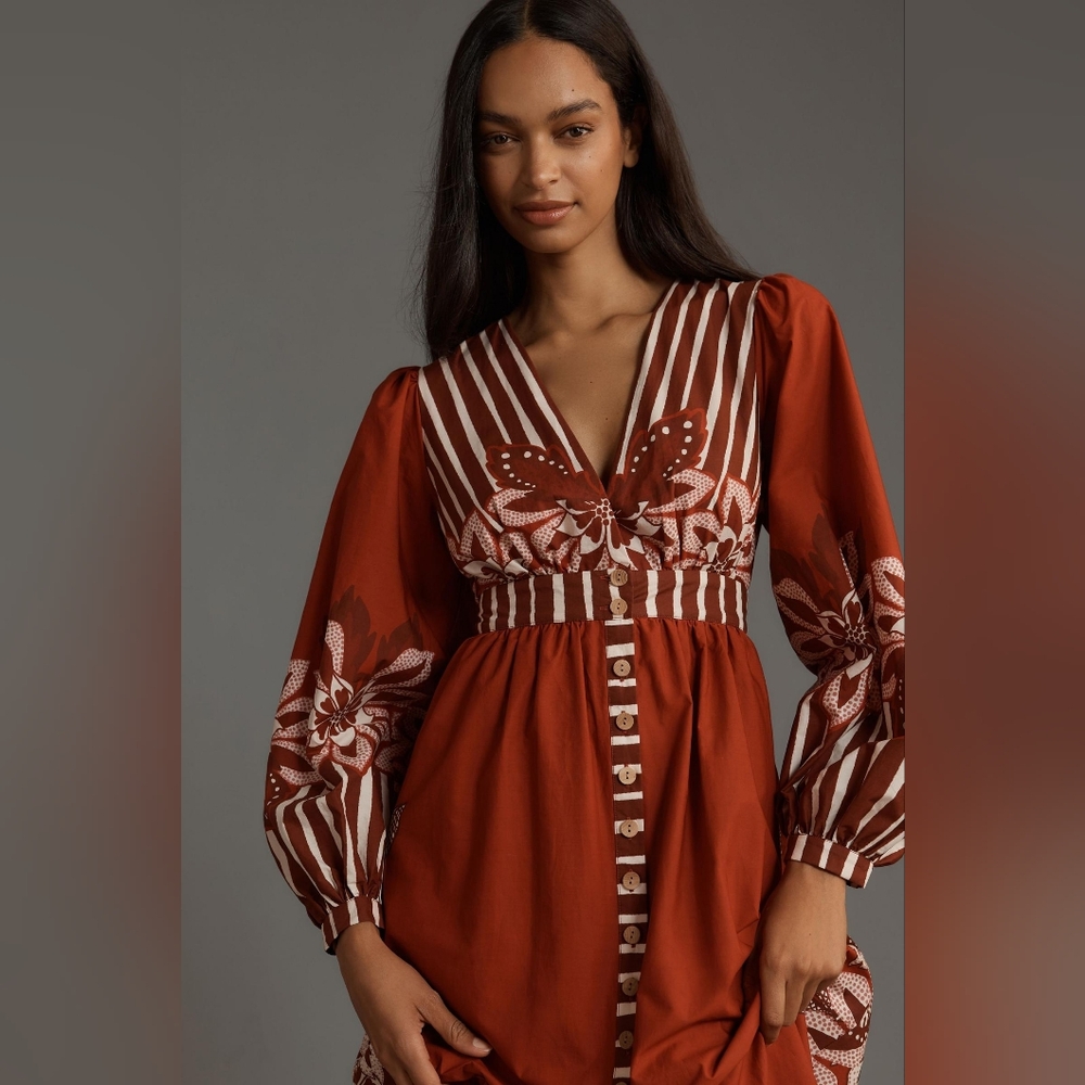 FARM Rio x Anthropologie Long Sleeve V-Neck Floral Midi Maxi Dress Medium NWT